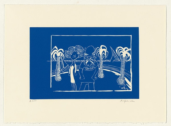 Artist: b'Law, Roger.' | Title: b'Not titled [Roger and Deidre in Bondi].' | Date: 2002 | Technique: b'linocut, printed in blue ink, from one block'