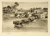 Artist: LINDSAY, Lionel | Title: Snowy River | Date: 1923 | Technique: etching and foul biting, printed in brown ink, from one plate | Copyright: Courtesy of the National Library of Australia