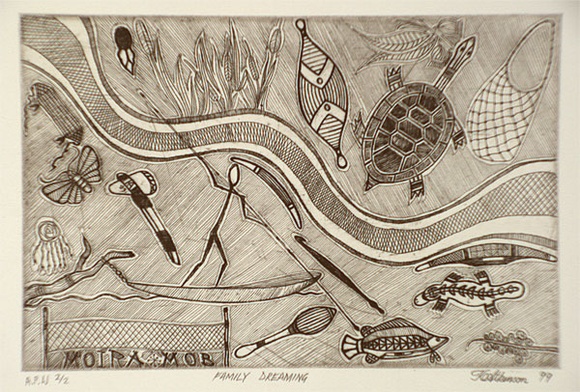 Artist: b'Atkinson, Kevin.' | Title: b'Family dreaming' | Date: 1999, April | Technique: b'etching, printed in black ink, from one plate'