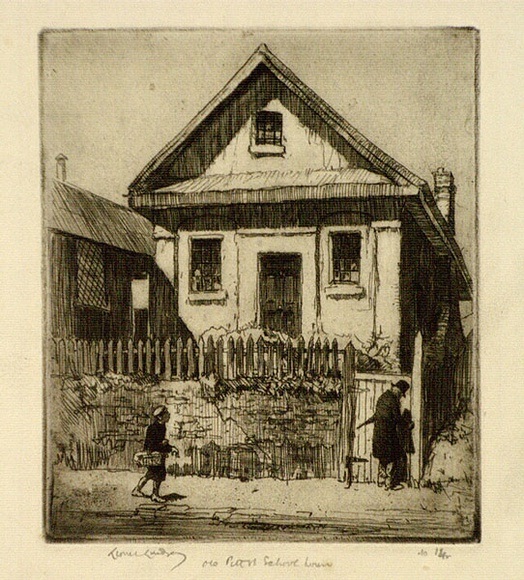 Artist: b'LINDSAY, Lionel' | Title: b'Old Pitt Street School House' | Date: 1917 | Technique: b'etching and aquatint, printed in blrown ink with plate-tone, from one plate' | Copyright: b'Courtesy of the National Library of Australia'