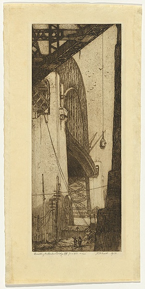 Artist: b'TRAILL, Jessie' | Title: b'Building the Harbour Bridge VI: Nearly complete, June 1931.' | Date: June 1931 | Technique: b'etching, printed in black ink with plate-tone, from one plate'