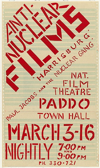 Artist: b'Lightbody, Graham.' | Title: bAnti-nuclear films 'Harrisburg'. | Date: 1979 | Technique: b'screenprint, printed in red ink, from one stencil' | Copyright: b'Courtesy Graham Lightbody'