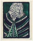 Artist: b'HANRAHAN, Barbara' | Title: b'Old woman with a shawl' | Date: 1962 | Technique: b'woodcut, printed in colour, from two blocks'