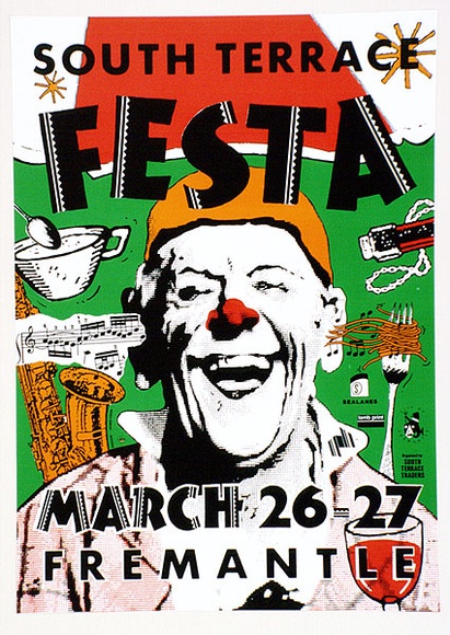 Artist: b'Cook, James.' | Title: b'South Terrace Festa, Fremantle.' | Date: c.1990 | Technique: b'lithograph, printed in colour, from four plates'