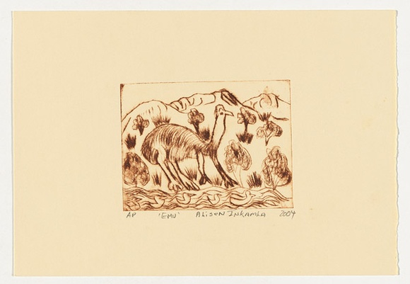 Artist: b'Inkamala, Alison.' | Title: b'Emu' | Date: 2004 | Technique: b'drypoint etching, printed in brown ink, from one perspex plate'