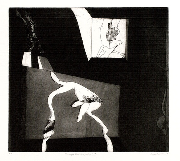 Artist: b'BALDESSIN, George' | Title: b'Personage window and factory smoke.' | Date: 1966 | Technique: b'etching and aquatint, printed in black ink, from one plate'