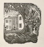 Artist: b'OGILVIE, Helen' | Title: b'(Two storeyed house with tree, wood plane and a vase of flowers).' | Date: 1953 | Technique: b'wood-engraving, printed in black ink, from one block'