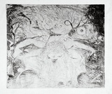 Artist: b'BOYD, Arthur' | Title: bNude washing in a creek with watching head and ram's head. | Date: (1962-63) | Technique: b'etching, printed in black ink, from one plate' | Copyright: b'Reproduced with permission of Bundanon Trust'