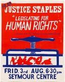 Artist: Fenton-Kerr, Tom. | Title: Hear Justice Staples - Legislating for Human Rights. | Date: 1979 | Technique: screenprint, printed in colour, from two stencils