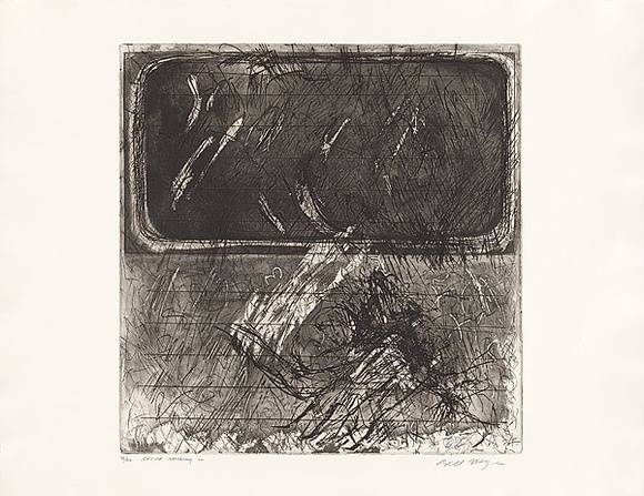 Artist: b'MEYER, Bill' | Title: b'World rushing in' | Date: 1981 | Technique: b'etching and aquatint, printed in black ink, from one zinc plate' | Copyright: b'\xc2\xa9 Bill Meyer'
