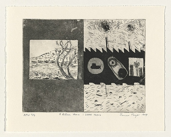 Artist: b'THYER, James' | Title: b'4 billion years: 2000 years' | Date: 1999, 11 November | Technique: b'etching and aquatint, printed in black ink, from one plate'