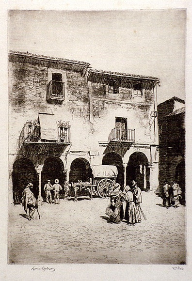 Artist: b'LINDSAY, Lionel' | Title: b'In Zafra Market, Spain' | Date: 1929 | Technique: b'etching, printed in brown ink with plate-tone, from one plate' | Copyright: b'Courtesy of the National Library of Australia'