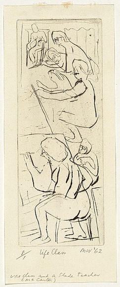 Artist: b'WALKER, Murray' | Title: b'Life class and a Slade teacher (Mr Carter)' | Date: 1962 | Technique: b'drypoint, printed in black ink, from one plate'