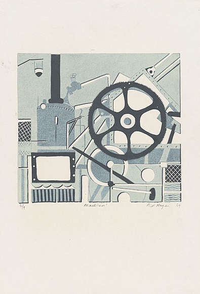 Artist: b'MEYER, Bill' | Title: b'Machines' | Date: 1969 | Technique: b'linocut, printed in four colours, by reduction block process' | Copyright: b'\xc2\xa9 Bill Meyer'