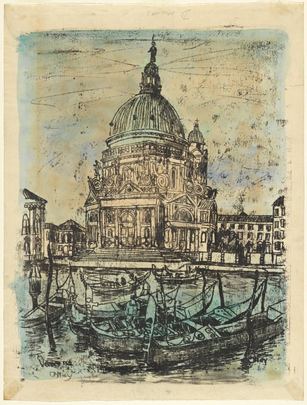 Title: b'Venice' | Date: 1952 | Technique: b'monotype, printed in black ink, from one glass plate; watercolour'
