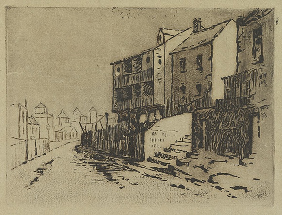 Artist: UNKNOWN AUSTRALIAN ARTIST, | Title: Not titled [Sydney streets, The Rocks, I] | Date: 1890 | Technique: etching, printed in sepia ink, from one plate