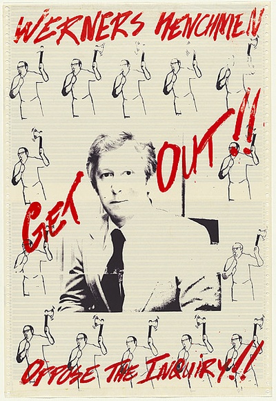 Artist: b'Lane, Leonie.' | Title: b'Werners henchmen get out !!' | Date: 1979 | Technique: b'screenprint, printed in colour, from two stencils' | Copyright: b'\xc2\xa9 Leonie Lane'