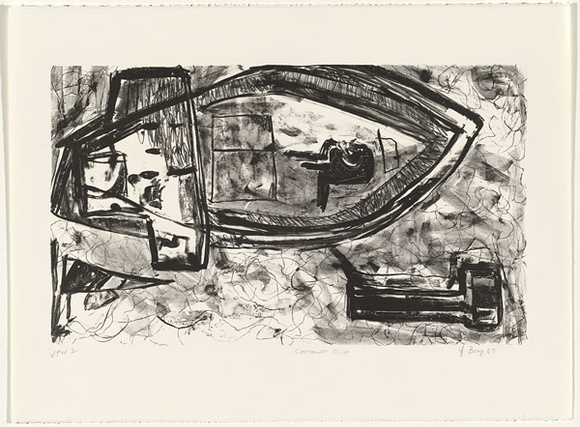 Artist: Boag, Yvonne. | Title: Container ship | Date: 1987 | Technique: lithograph, printed in black ink, from one stone | Copyright: © Yvonne Boag
