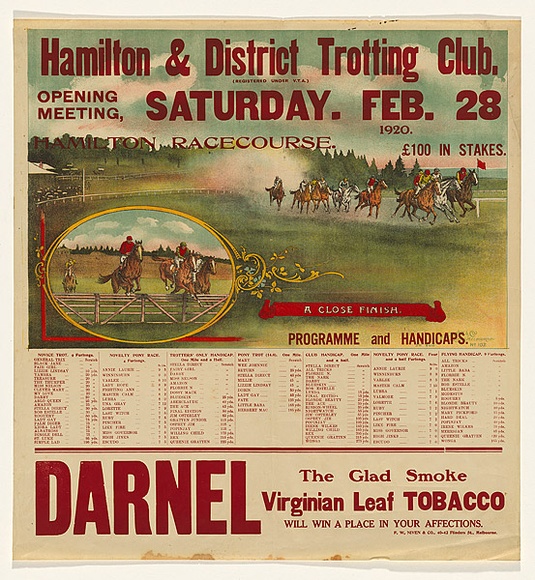 Artist: b'S.M.' | Title: b'Hamilton and District Trotting Club.  Opening Meeting' | Date: 1914 | Technique: b'lithograph, printed in colour, from multiple stones'