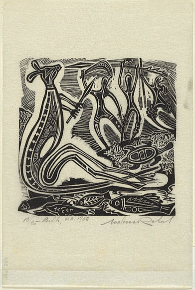 Artist: b'Ratas, Vaclovas.' | Title: b'Kangaroo hunt' | Date: 1952 | Technique: b'woodcut, printed in black with hand-colouring from one block'