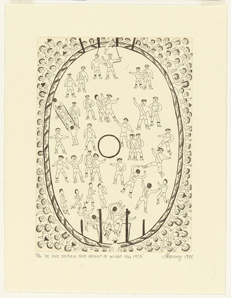 Artist: b'Convey, Tony.' | Title: b'Me and Stephen and Danny at Windy Hill 1959.' | Date: 1988 | Technique: b'etching, printed in brown ink, from one plate' | Copyright: b'This work appears on screen courtesy of the artist and copyright owner'