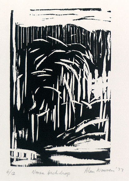 Artist: b'WARREN, Alan' | Title: b'Noosa backdrop' | Date: 1977 | Technique: b'linocut, printed in black ink, from one block'