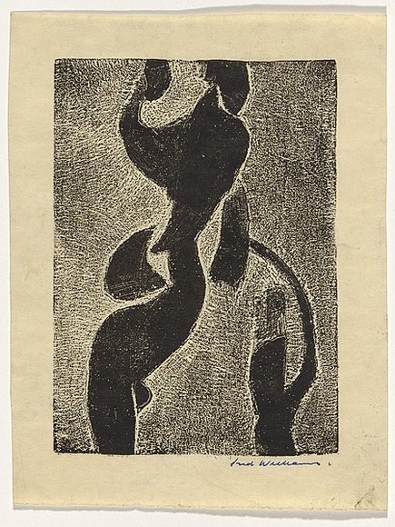 Artist: b'WILLIAMS, Fred' | Title: b'Standing figure' | Date: 1958 | Technique: b'etching, foul biting, engraving and drypoint, printed relief in black ink, from one zinc plate' | Copyright: b'\xc2\xa9 Fred Williams Estate'