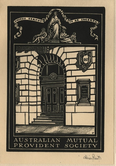 Artist: b'FEINT, Adrian' | Title: b'Bookplate: Australian Mutual Provident Society.' | Date: (1934) | Technique: b'wood-engraving, printed in black ink, from one block' | Copyright: b'Courtesy the Estate of Adrian Feint'