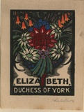 Artist: FEINT, Adrian | Title: Bookplate: Elizabeth Duchess of York. | Date: 1927 | Technique: wood-engraving, printed in black ink, from one block; hand-coloured | Copyright: Courtesy the Estate of Adrian Feint