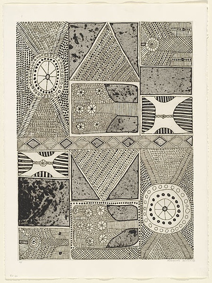 Artist: b'RED HAND PRINT' | Title: b'Jilamarra design' | Date: 1998, 18 September | Technique: b'etching, line-etching, open bite and aquatint, printed in black ink, from one zinc plate'