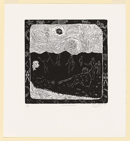 Artist: b'Gilbert, Kevin.' | Title: b'Corroboree Spirits' | Date: 1967 | Technique: b'linocut, printed in black ink, from one block'