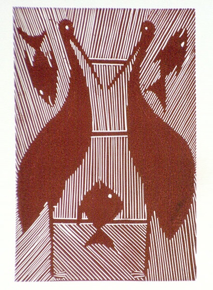Artist: b'Marika, Banduk.' | Title: b'Birds and fishes' | Date: (1984) | Technique: b'linocut, printed in red-brown ink, from one block'
