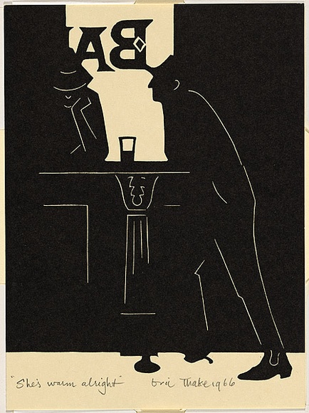 Artist: Thake, Eric. | Title: Greeting card: Christmas (She's warm alright) | Date: 1966 | Technique: linocut, printed in black ink, from one block