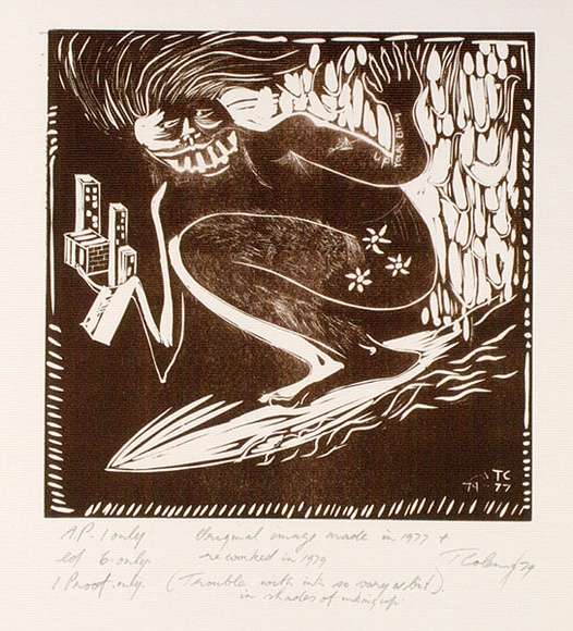 Artist: b'COLEING, Tony' | Title: b'Up your bum.' | Date: 1977-79 | Technique: b'linocut, printed in brown ink, from one block'