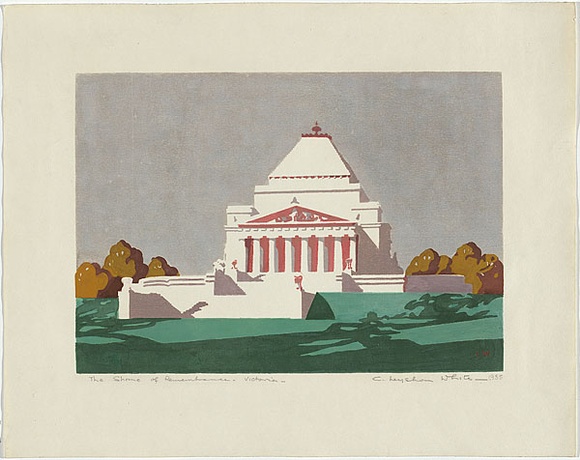 Artist: b'Leyshon White, Cyril.' | Title: b'The Shrine of Remembrance, Victoria' | Date: 1935 | Technique: b'screenprint, printed in colour, from seven stencils'