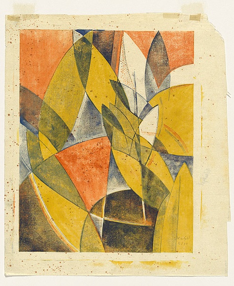 Artist: b'Weitzel, Frank.' | Title: b'(Abstract)' | Date: c.1930 | Technique: b'linocut, printed in colour, from multiple blocks'