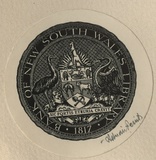 Artist: FEINT, Adrian | Title: Bookplate: Bank of New South Wales Library, 1817. | Date: (1936) | Technique: process block, printed in black ink, from one block | Copyright: Courtesy the Estate of Adrian Feint