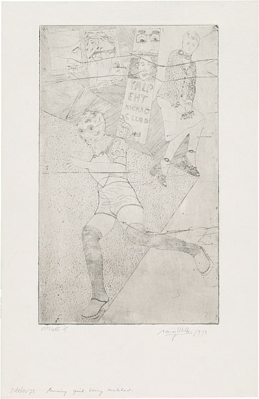 Artist: b'WALKER, Murray' | Title: b'Running girl being watched.' | Date: 1973 | Technique: b'etching, printed in black ink, from one plate'