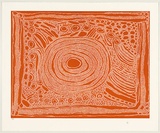 Title: Untitled waterholes (ochre dots) | Date: November 2009 | Technique: relief print, printed in orange ink, from one lino block and one medium density fibre (MDF) board