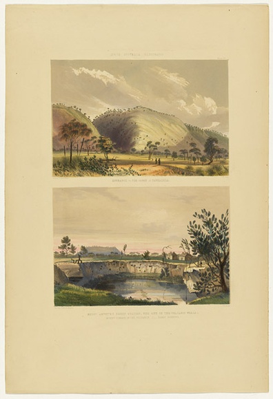 Artist: b'Angas, George French.' | Title: bEntrance to the Gorge at Yankalilla; Messrs Arthurs' sheep station, with one of the volcanic wells. | Date: 1846-47 | Technique: b'lithograph, printed in colour, from multiple stones; varnish highlights by brush'