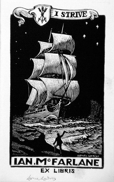 Artist: b'LINDSAY, Lionel' | Title: b'Book plate: Ian McFarlane' | Date: 1943 | Technique: b'wood-engraving, printed in black ink, from one block' | Copyright: b'Courtesy of the National Library of Australia'