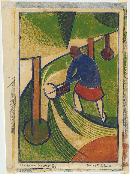 Artist: b'Black, Dorrit.' | Title: b'The lawn mower.' | Date: c.1932 | Technique: b'linocut, printed in colour, from four blocks (brick red, yellow ochre, emerald green, dark blue)'