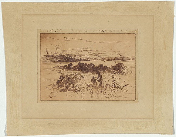 Artist: b'Minns, B.E.' | Title: b'not titled [Gathering flowers, with Sydney Harbour in the background].' | Date: 1893 | Technique: b'etching, printed in brown ink with plate-tone, from one plate'