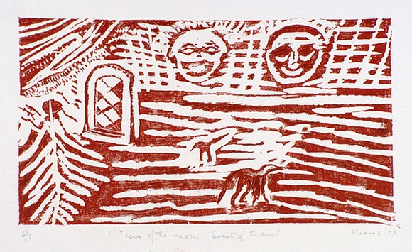 Artist: b'SHEARER, Mitzi' | Title: b'Tears of the moon - sweat of the sun' | Date: 1979 | Technique: b'linocut, printed in red ink, from one block, touched up with red texta'