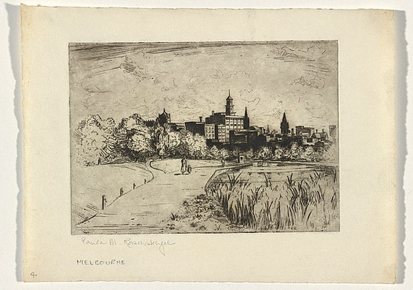 Artist: b'Rosenstengel, Paula.' | Title: b'Melbourne' | Technique: b'etching, printed in black ink, from one plate'