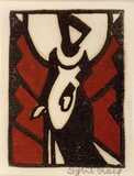 Artist: Craig, Sybil. | Title: Woman in medieval dress. | Date: c.1935 | Technique: linocut, printed in black ink, from one block; hand-coloured