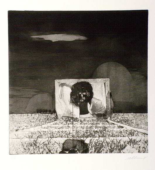 Artist: b'SHOMALY, Alberr' | Title: b'Self portrait with a cow' | Date: 1971 | Technique: b'photo-etching and aquatint, printed in black ink, from one plate'