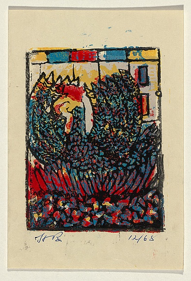 Title: b'not titled [bird design for stained glass window]' | Date: 1968, December | Technique: b'linocut, printed in colour, from four blocks'