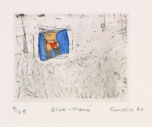 Artist: b'Fransella, Graham.' | Title: b'Blue movie.' | Date: 1980 | Technique: b'etching, printed in black ink, from one plate; hand-coloured' | Copyright: b'Courtesy of the artist'