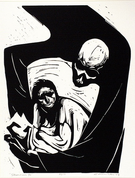 Artist: b'Counihan, Noel.' | Title: b'Strontium 90.' | Date: 1959 | Technique: b'linocut, printed in black ink, from one block'